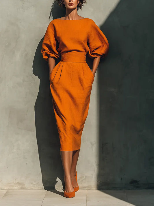Valeria - Conjunto Naranja Estructurado con Falda Midi