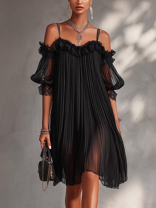 Margaret | Vestido mini negro de gasa con diseño de hombros descubiertos y acabado de encaje