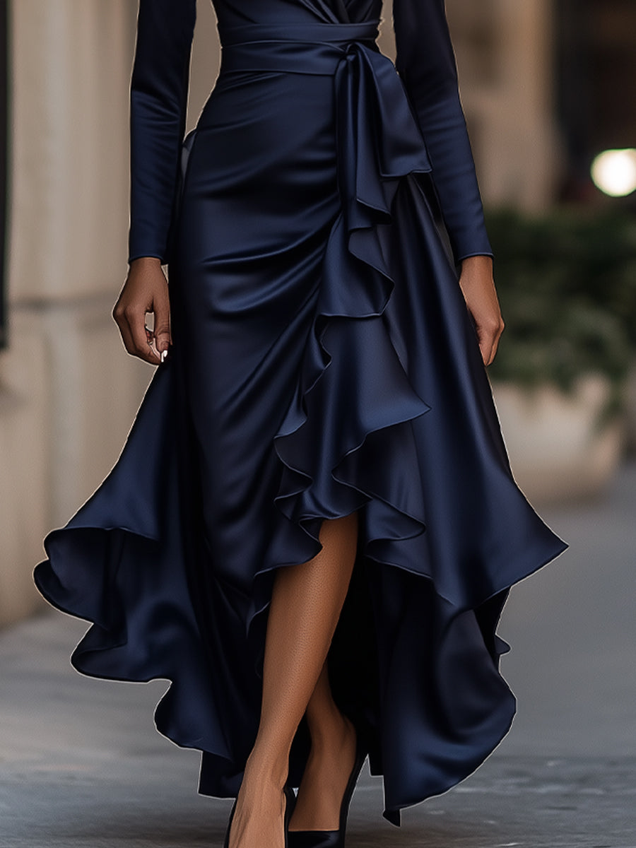 Inés | Vestido maxi de satén con volantes