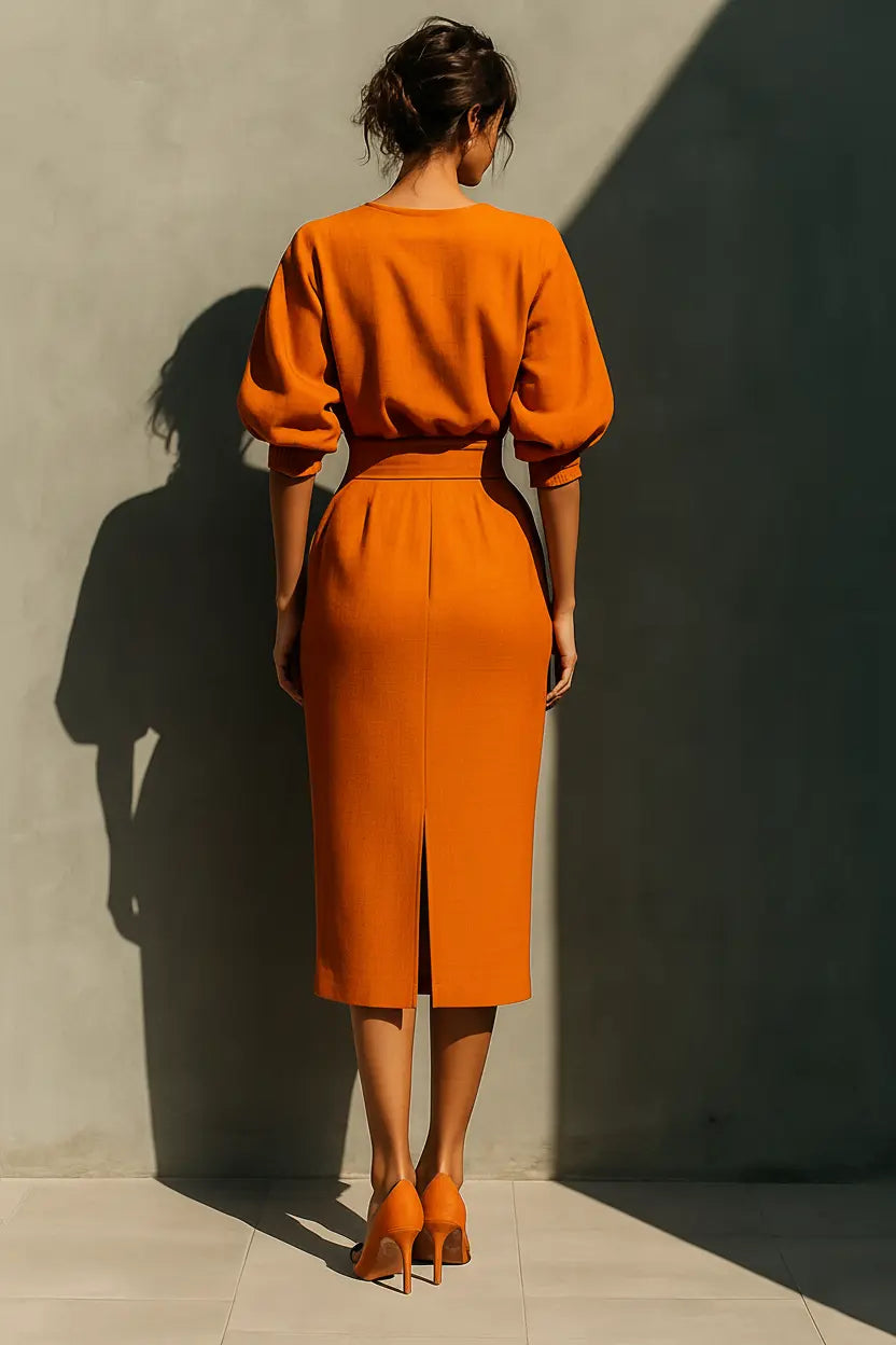 Valeria - Conjunto Naranja Estructurado con Falda Midi