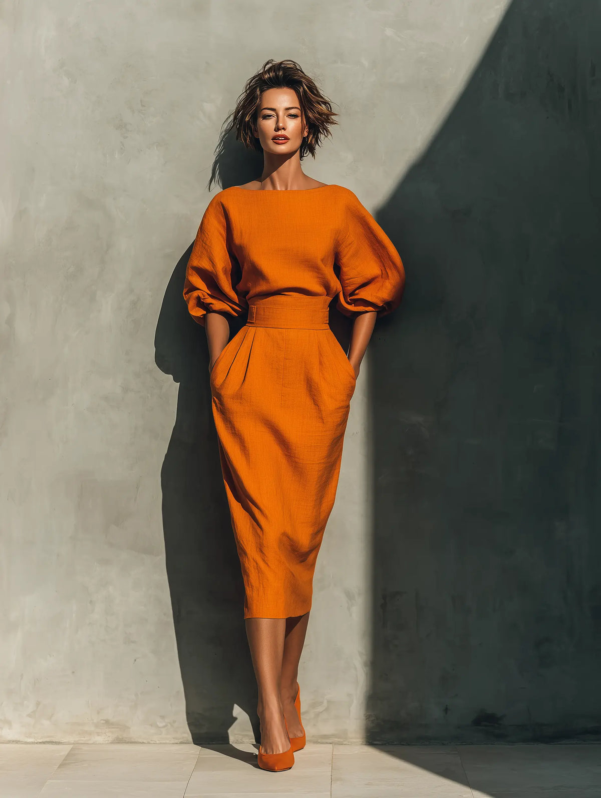 Valeria - Conjunto Naranja Estructurado con Falda Midi