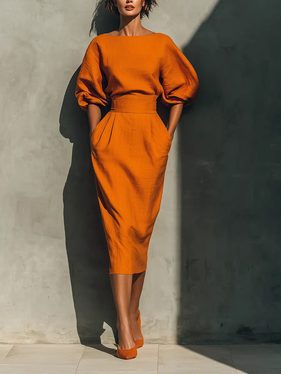 Valeria - Conjunto Naranja Estructurado con Falda Midi