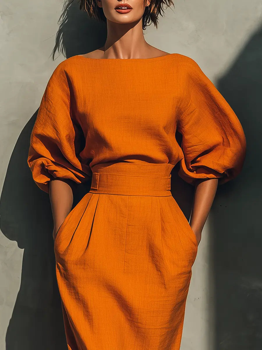 Valeria - Conjunto Naranja Estructurado con Falda Midi