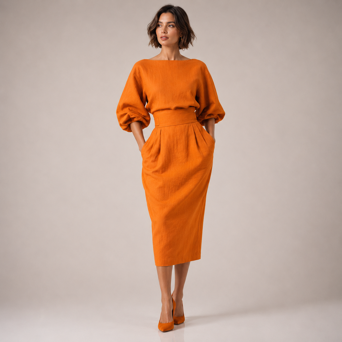 Valeria - Conjunto Naranja Estructurado con Falda Midi