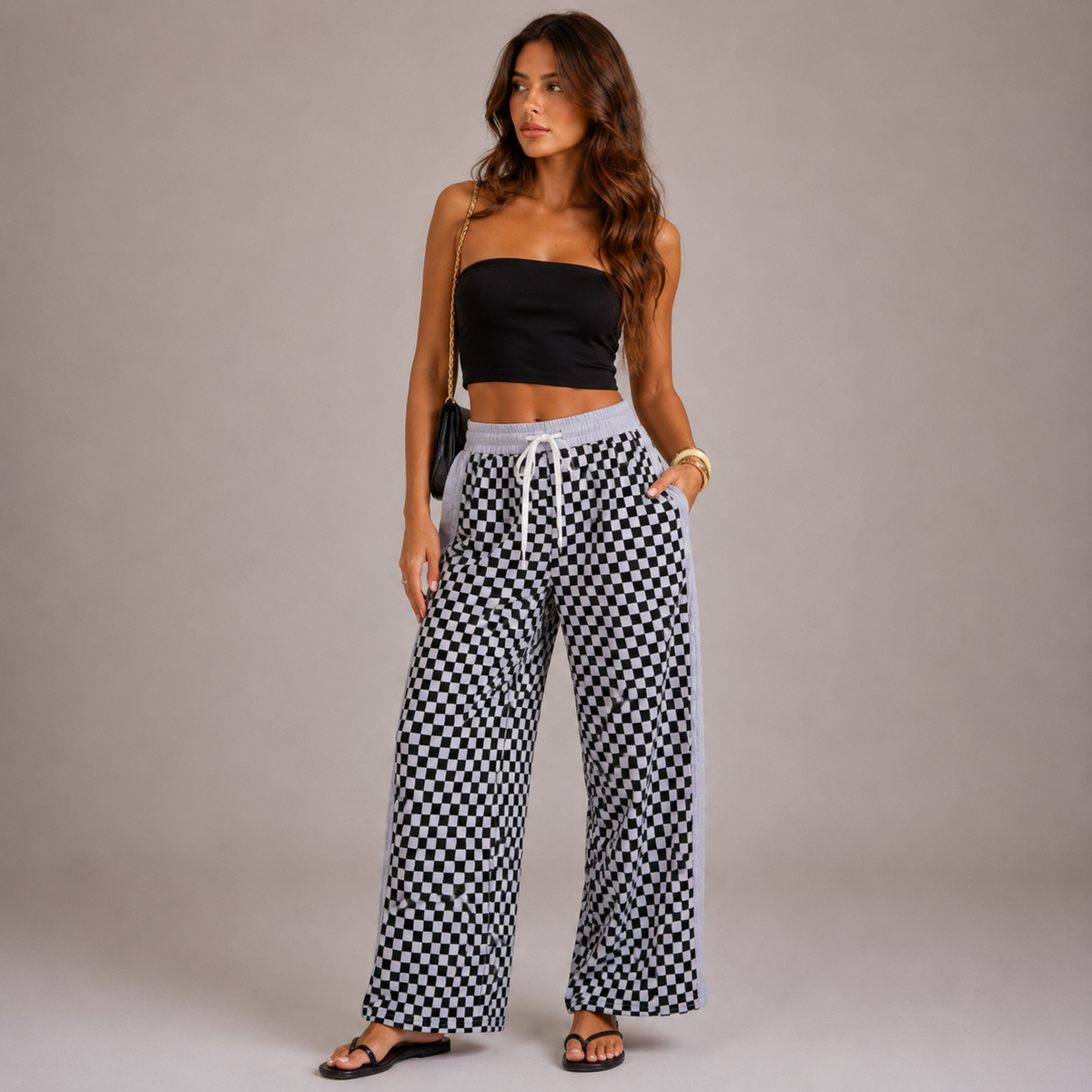 Vega – Pantalón Wide Leg con Estampado Checker