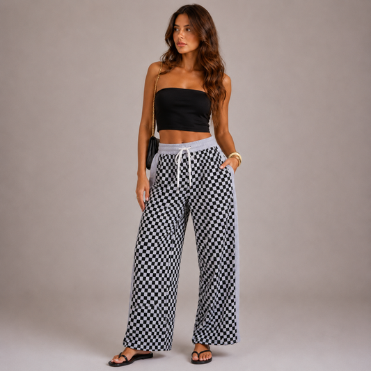 Vega – Pantalón Wide Leg con Estampado Checker
