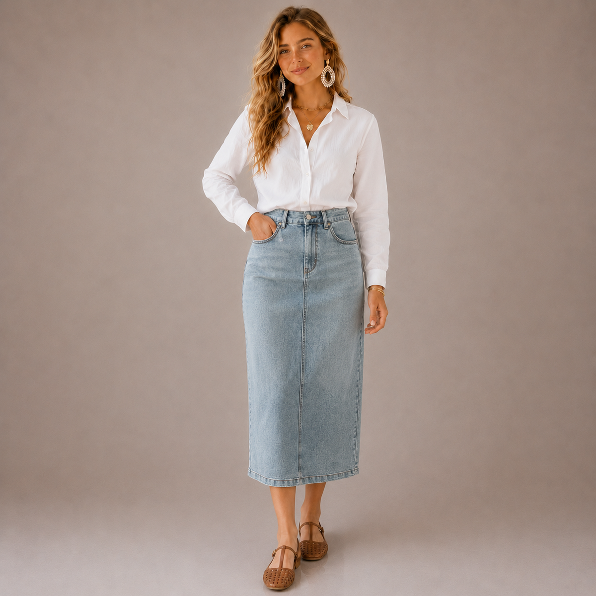 Sandra – Falda Midi Denim Clásica