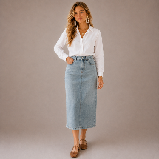 Sandra – Falda Midi Denim Clásica