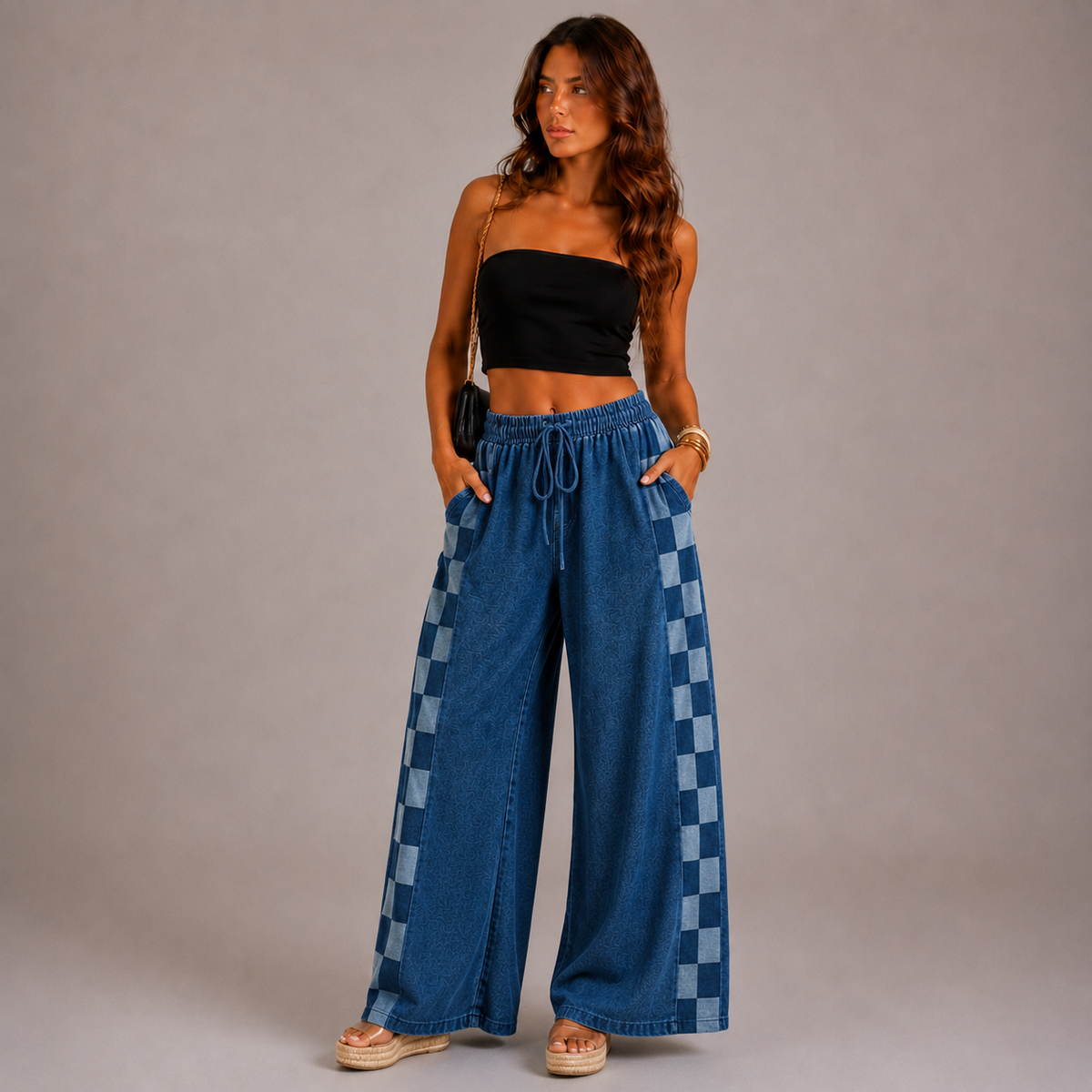 Andrea - Pantalón Vaquero Patchwork con Cordón