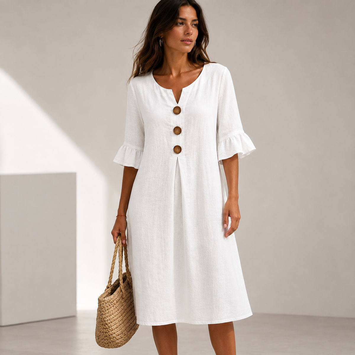 Vestido con botones y mangas fruncidas
