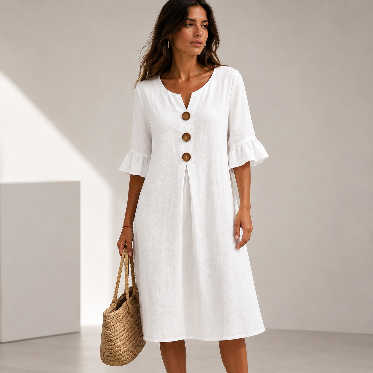 Vestido con botones y mangas fruncidas