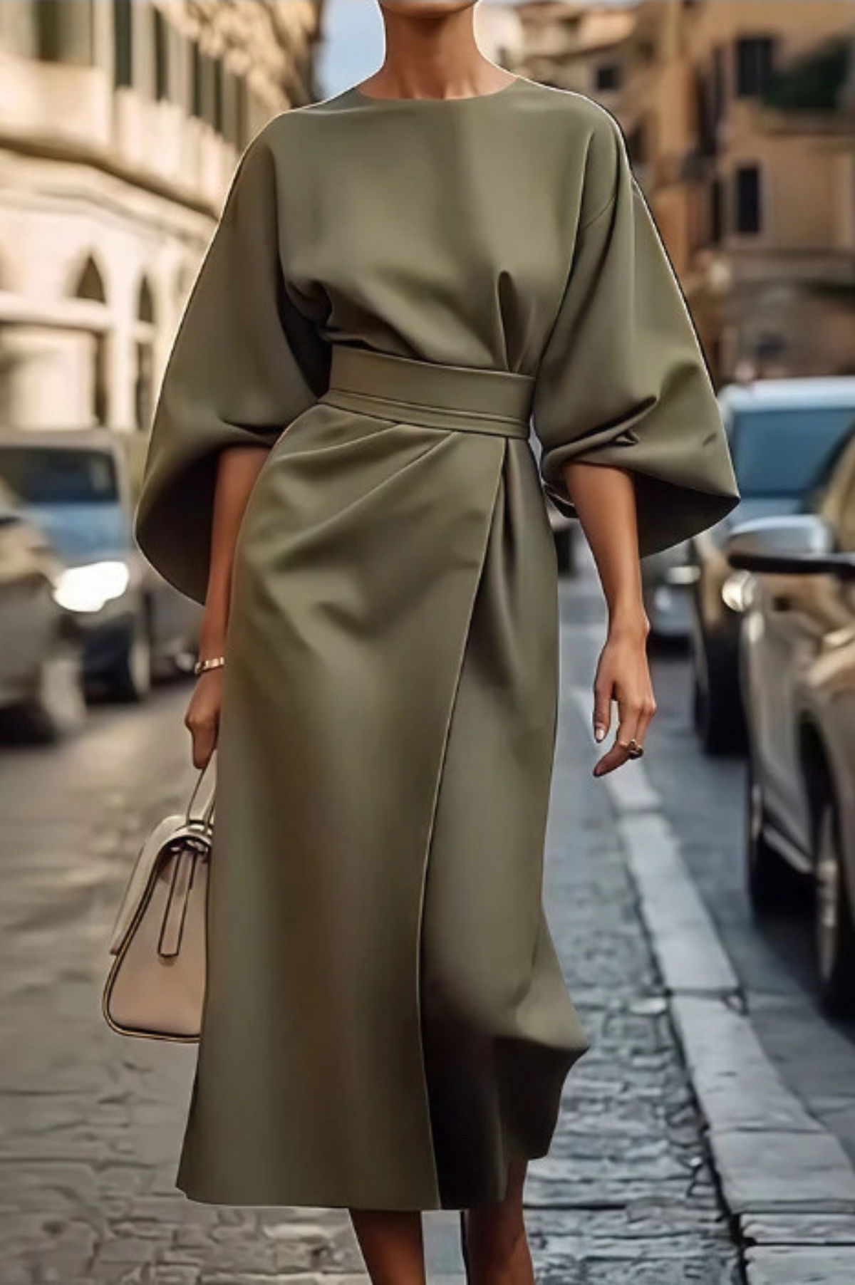 Vestido elegante con mangas farol y cinturón