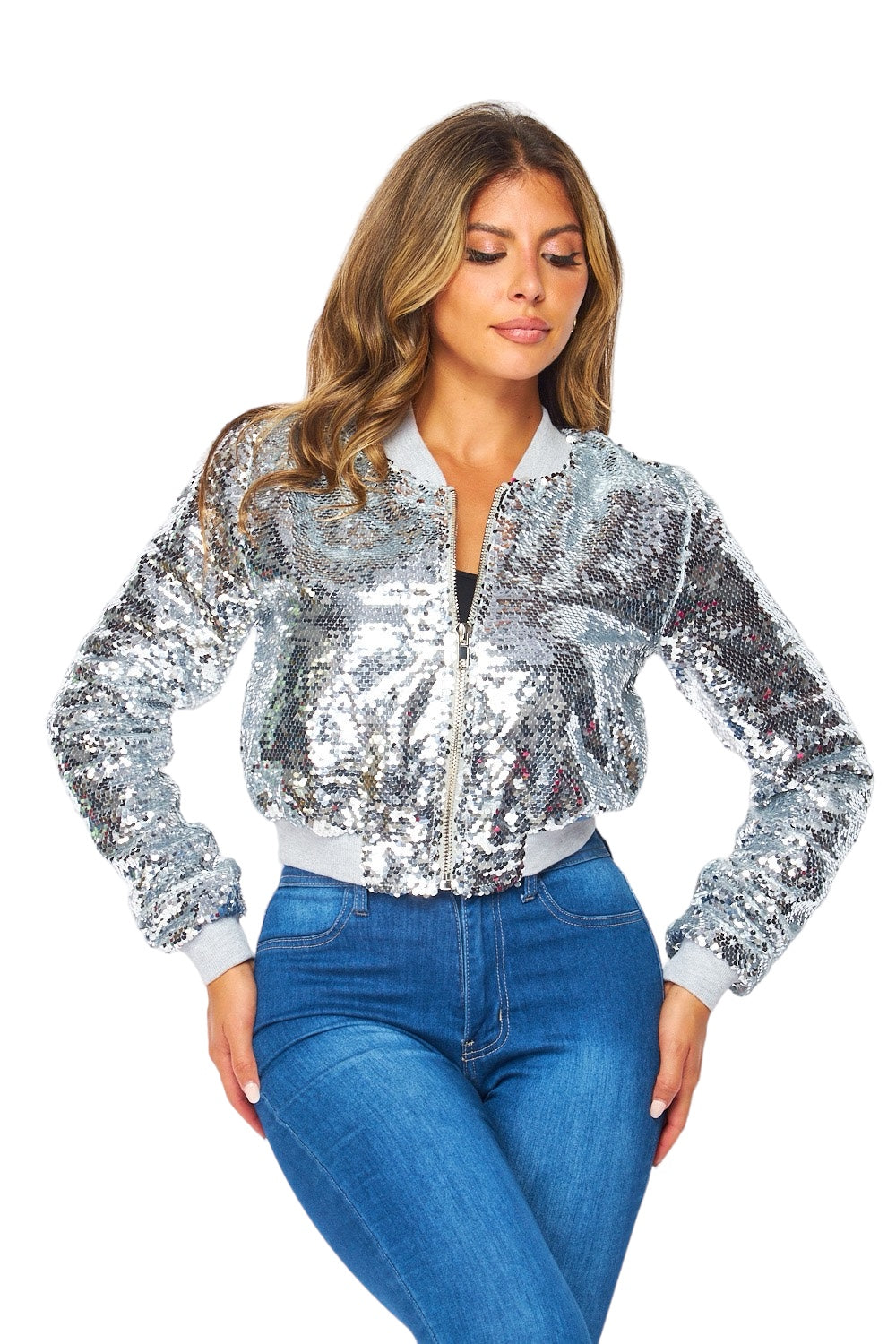 Ana - Chaqueta Bomber Corta Lentejuelas Brillo Elegante