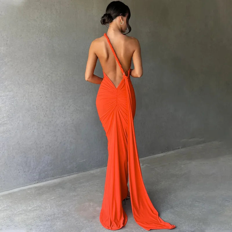 Laura - Vestido Maxi Asimétrico Espalda Abierta Elegante