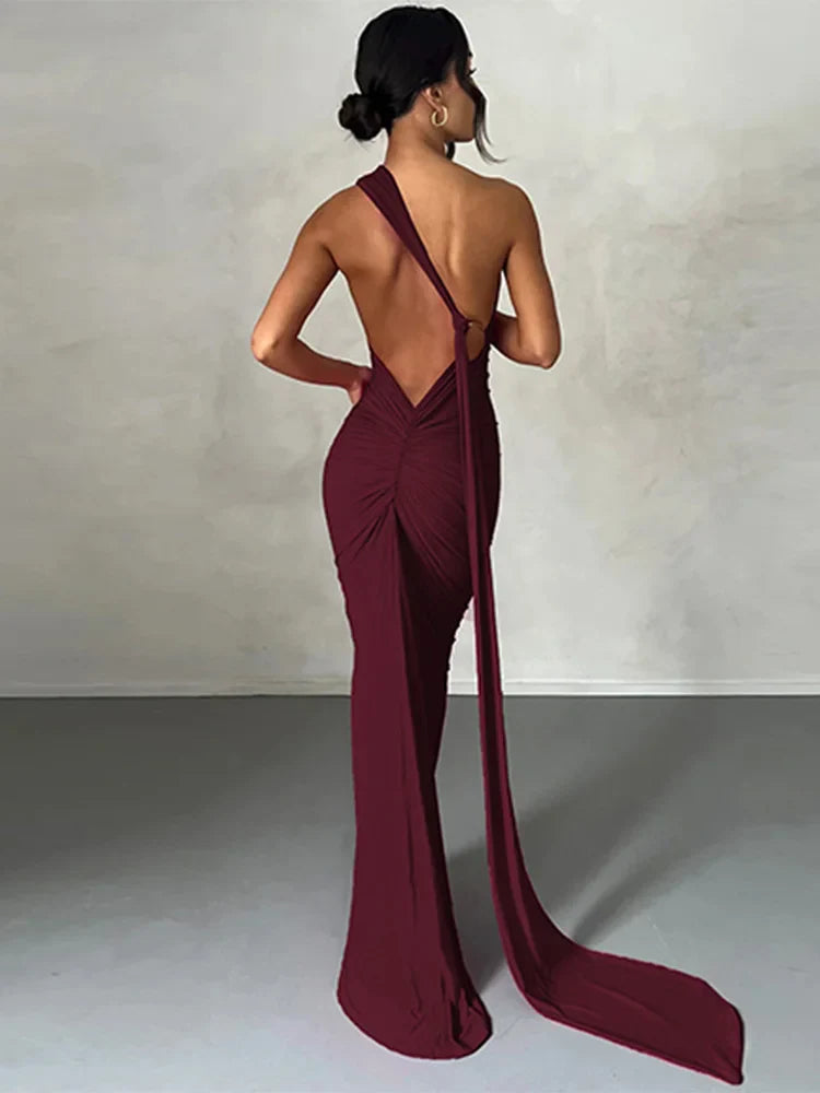 Laura - Vestido Maxi Asimétrico Espalda Abierta Elegante