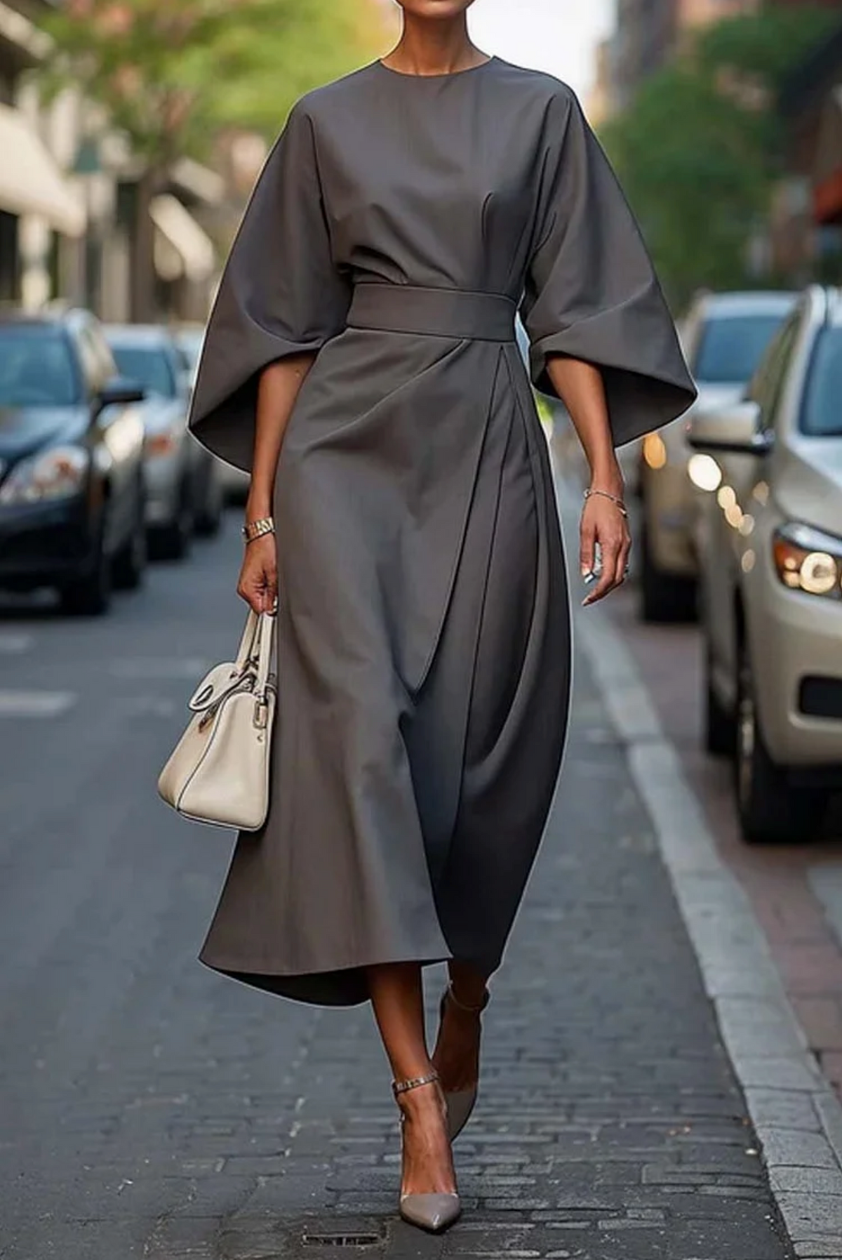 Vestido elegante con mangas farol y cinturón