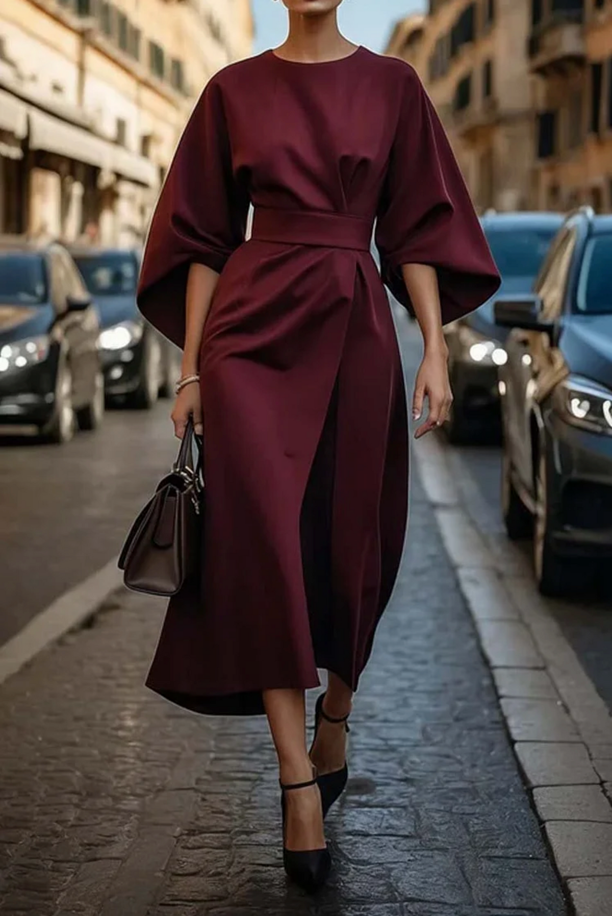 Vestido elegante con mangas farol y cinturón