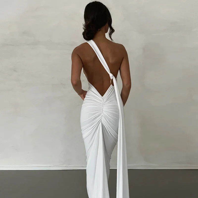 Laura - Vestido Maxi Asimétrico Espalda Abierta Elegante